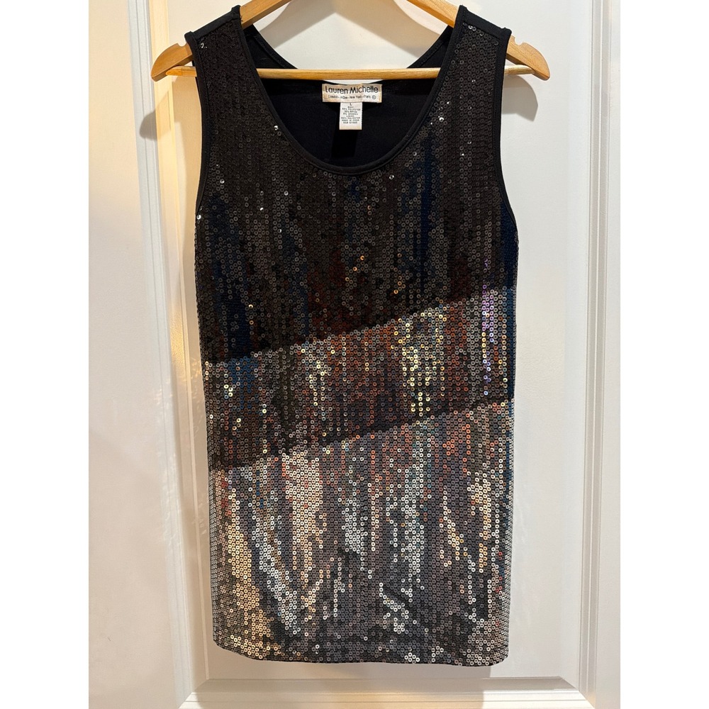 Lauren Michelle Womens Sequin Colorblock Sleeveless Top Black Silver Size Large